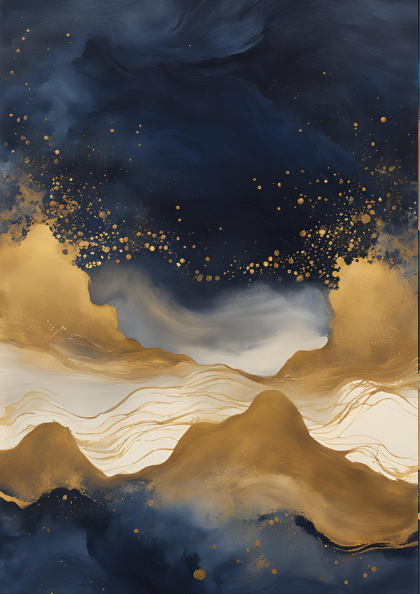 The fifth in a series of fluid abstract works in shade of navy, gold and white. These prints are designed to compliment each other as full set or as a stand-alone pieces.
