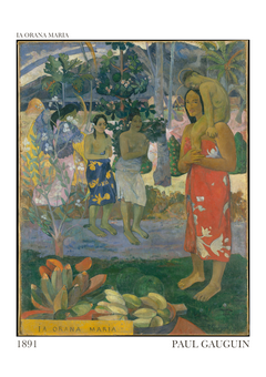  La Orana Maria (Hail Mary) by Paul Gauguin is an oil painting created in 1891 during Gauguin's first visit to Tahiti. The artwork blends Christian iconography with Polynesian culture, illustrating Gauguin’s fascination with the island’s people and their way of life.  In this painting, Gauguin portrays the Virgin Mary and the Christ Child with distinctly Polynesian features, dressed in traditional Tahitian attire. Mary is shown with a blue and red wrap around her, while holding the infant Jesus. The figures are surrounded by two women in traditional pareo garments, who are depicted with hands in prayer, paying homage to the sacred scene.  The backdrop features a lush, tropical landscape, rich with vibrant green foliage, bright flowers, and the warm colors characteristic of Tahitian nature. This combination of sacred imagery and local culture showcases Gauguin’s attempt to merge Western religious themes with the exotic mysticism he found in Tahiti, creating an intriguing synthesis of spiritual and earthly elements. The painting exemplifies Gauguin’s Post-Impressionist style, using bold colours, simplified forms, and symbolic elements to evoke emotion and spiritual resonance.