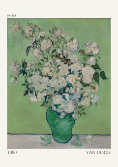 This painting is a beautiful still-life work that captures Van Gogh's fascination with nature and his distinctive use of colour and brushwork. Painted in May 1890 during Van Gogh’s stay at the asylum in Saint-Rémy-de-Provence, "Roses" was one of the final pieces he created before moving to Auvers-sur-Oise. The painting is notable for its vivid, life-affirming qualities, symbolizing hope and renewal. The composition consists of a lush bouquet of white roses arranged in a green vase. The flowers are rendered with loose, expressive brushstrokes.  Initially these roses were believed to have been more vibrant in colour, possibly with hints of pink or pale tones that have faded over time, now appearing as creamy whites and soft greens.  The background, in muted green tones, compliments the flowers. 