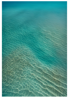 Crystal-clear turquoise waters, with sunlight highlighting patterns of ripples and reflections on the surface in gentle gradients of blue and green. A sense of serene only the sea can give. 