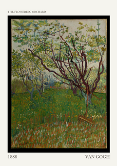  This artwork, The Flowering Orchard by Vincent van Gogh, depicts a serene orchard in full bloom, capturing the vibrant energy of spring. Painted in 1888, it features twisted, dark branches adorned with delicate white blossoms, set against a backdrop of lush green grass speckled with colorful wildflowers. Van Gogh's dynamic brushstrokes give the scene a sense of movement and texture, while the soft pastel sky contrasts with the earthy tones of the orchard. The composition radiates vitality and tranquillity, showcasing Van Gogh's deep admiration for nature and his ability to transform ordinary landscapes into vivid, emotional experiences.