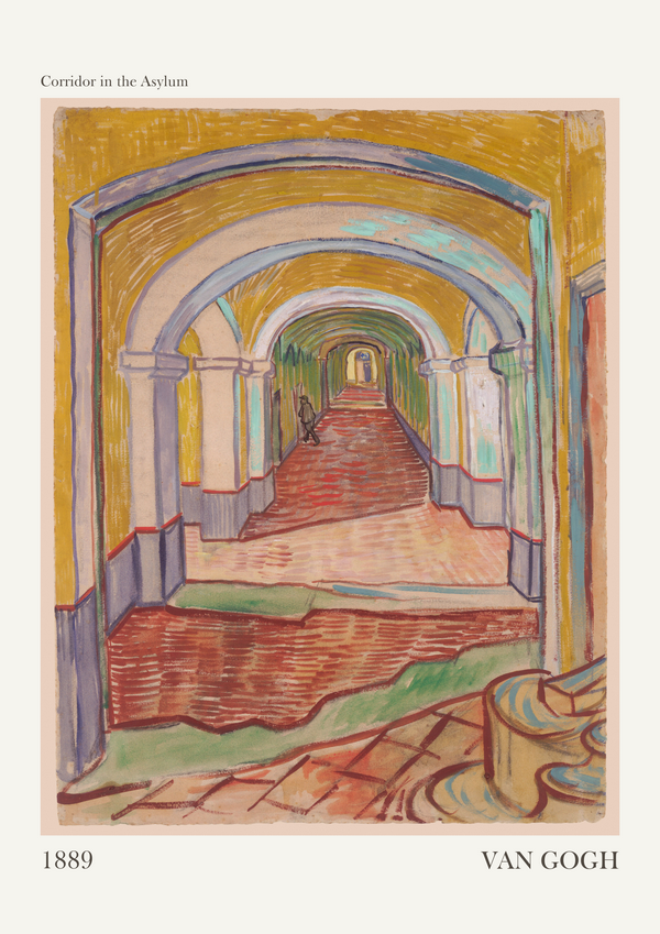 Corridor in the Asylum by Vincent van Gogh is a haunting portrayal of the hallway within the Saint-Paul-de-Mausole asylum, where he stayed during his struggles with mental health. The painting uses a muted palette of grays, browns, and ochres, with Van Gogh's signature swirling brushstrokes adding a sense of movement and unease to the rigid, arched structure. The repetitive arches create a feeling of endlessness, evoking the isolation and monotony of asylum life. Through its textured surface and atmospheric depth, the artwork becomes more than a simple architectural study, offering a window into Van Gogh's inner turmoil and profound emotional experience during this time.