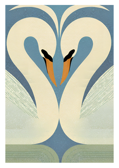  This retro-inspired piece features a pair of stylized swans, gracefully mirrored to form a heart-like shape with their necks and heads, symbolizing unity and love. With soft tones of cream, muted blue, and sage green.