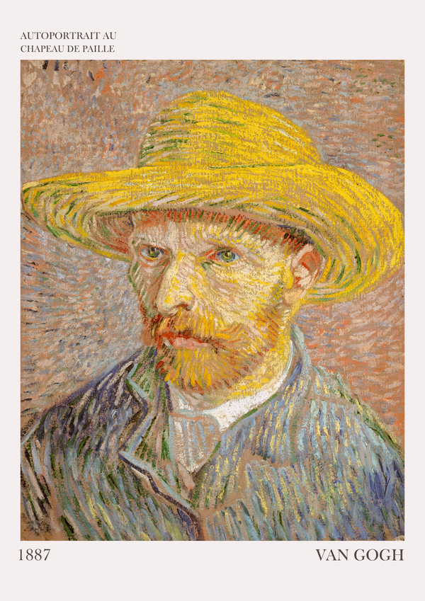 This is Vincent van Gogh's Self-Portrait with Straw Hat 1887, an iconic example of the artist's vivid and expressive post-impressionist style. The painting features Van Gogh wearing a bright yellow straw hat, his intense blue-green gaze directed outward, engaging the viewer. The textured brushstrokes, rich with color and energy, create a dynamic interplay of light and shadow across his face and clothing. The background, filled with soft, radiating strokes of muted colours, enhances the warmth and vibrancy of the portrait, reflecting Van Gogh's evolving artistic technique during his Paris years.